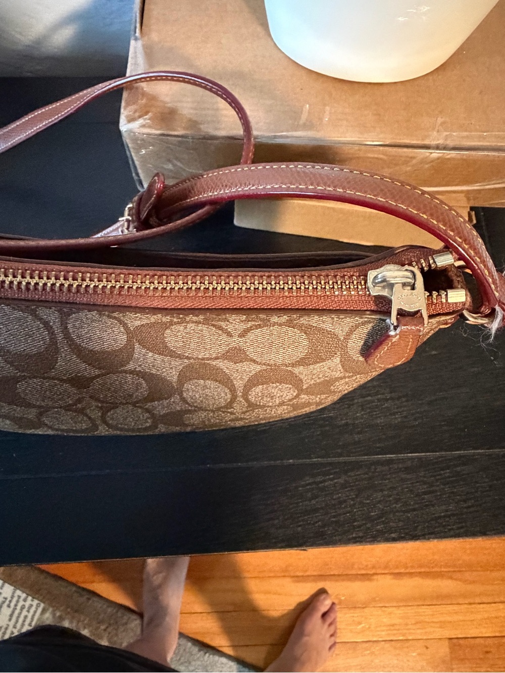 EUC Coach Tan Signature Canvas Crossbody Bag with Brown Leather Trim - Picture 12 of 15